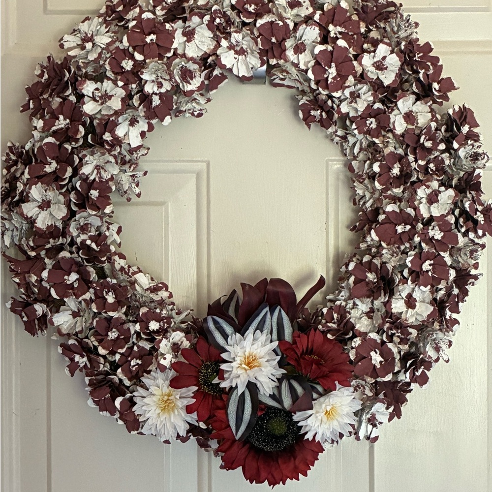 Elegant Burgundy and White Floral Pinecone Wreath